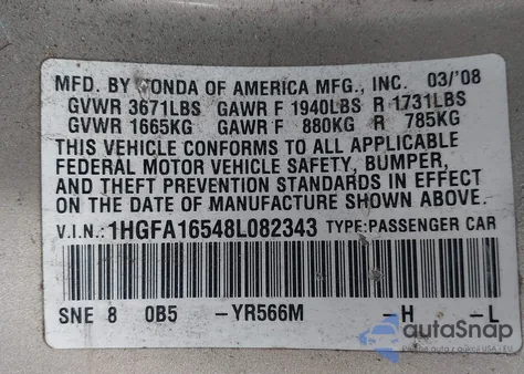 2008 Honda Civic Lx из США, поврежденный, VIN 1HGFA16548L082343